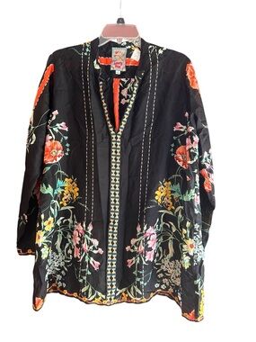 Johnny Was Black base multicolor Eulia Embroidered Silk semi sheer tunic Size L